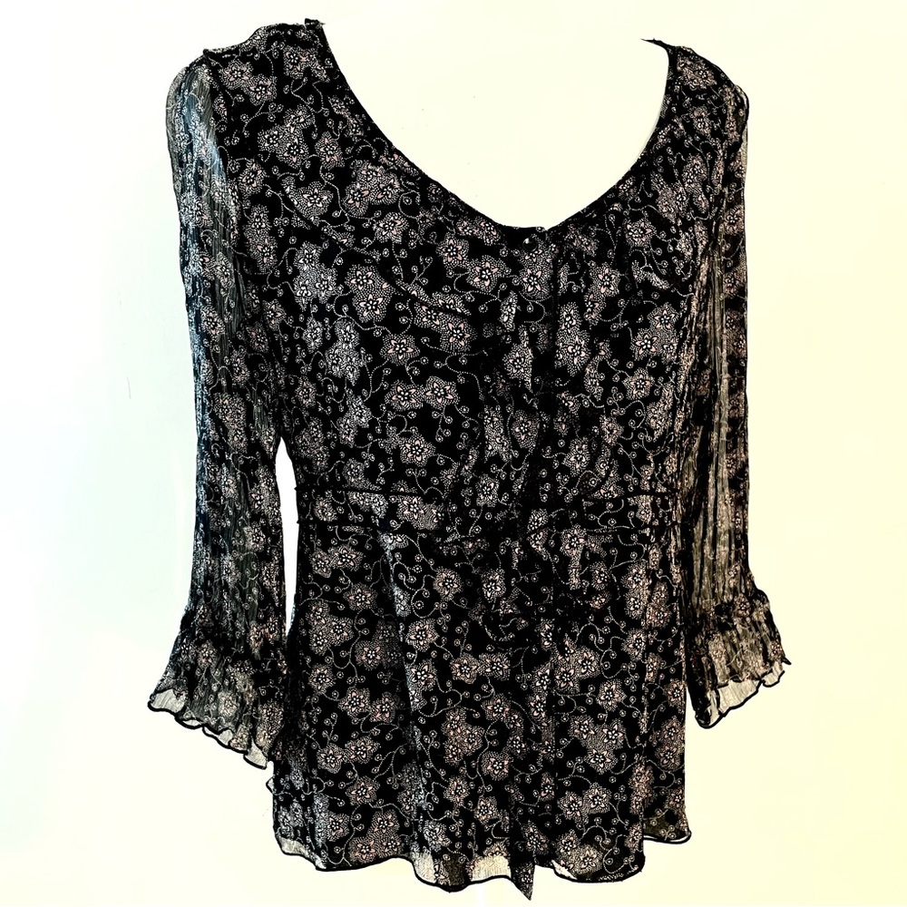 Nine West Silk Floral Ruffle Long Sleeve Blouse, Black US 10